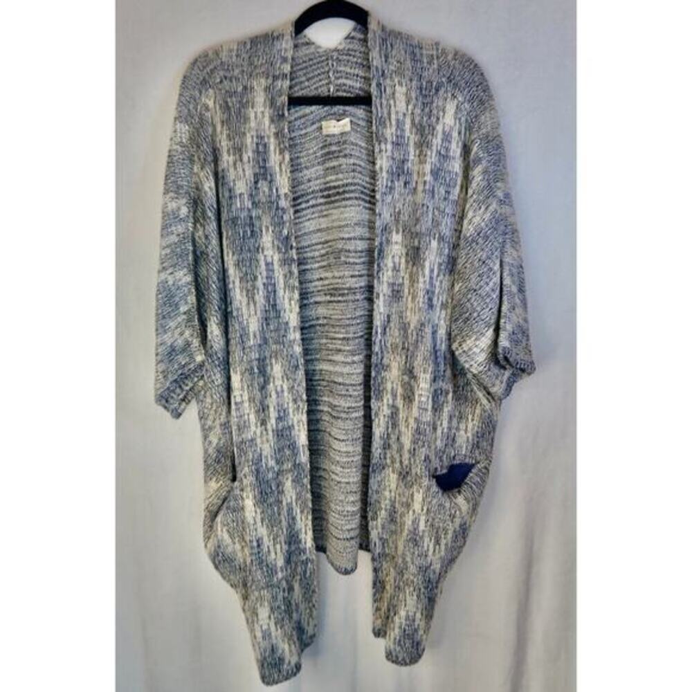 Lucky Brand Boho Blue White Metallic‎ Thread Short Sleeve Chevron Cardigan 3X